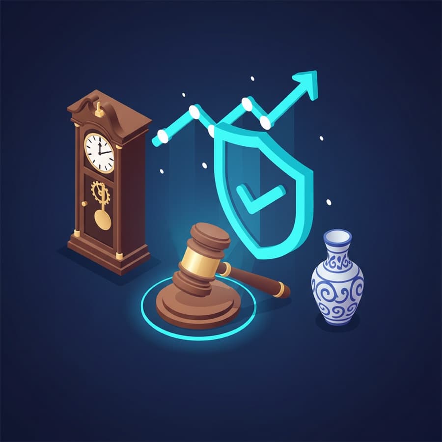 Minh hoạ sàn đấu giá đồ cũ và đồ cổ với búa đấu giá và khiên ký quỹ