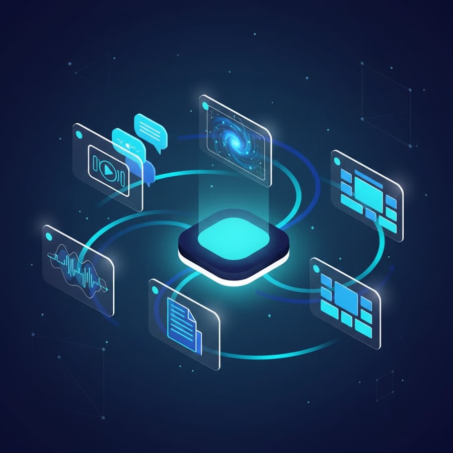 Minh hoạ nền tảng SkynetNS AI kết nối chat, ảnh, video, giọng nói và tài liệu